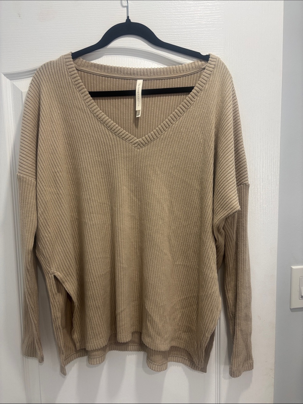 Babaton Ribbed V-Neck Sweater in Taupe